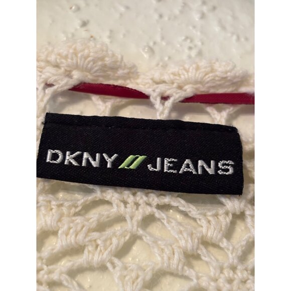 Vintage DKNY Jeans Ivory Crochet Lace Button Up Cardigan With Red Ribbon Tie - Picture 3 of 11
